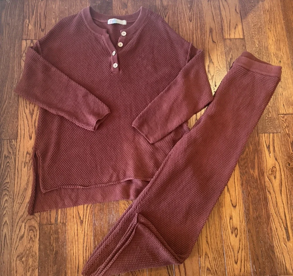 Free People FP Beach Hailee 2 Piece Sweater Set Waffle Knit Henley Small Boho
